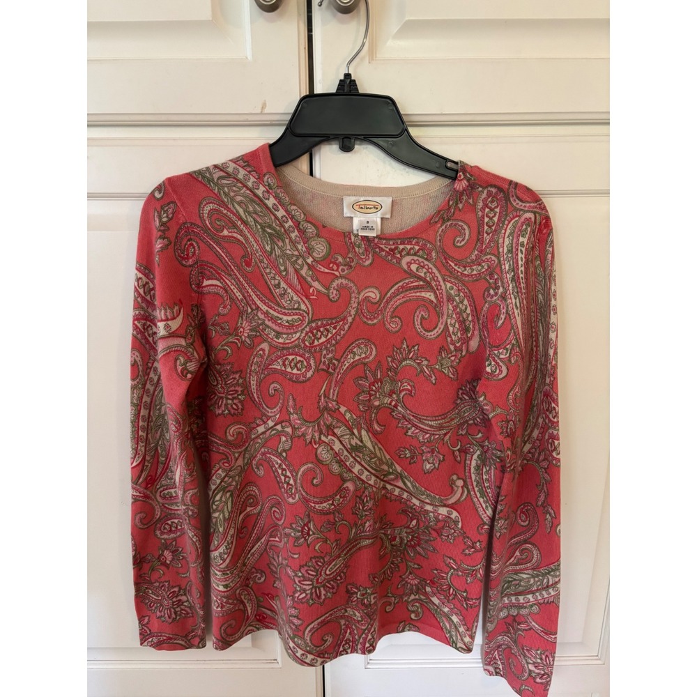 Talbots Paisley Print Crew Neck Long Sleeve‎ Sweater Coral Green Women'sS